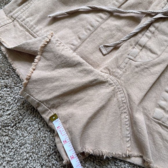 The Great. The Midland Frayed Paperbag Drawstring High Waist Shorts in Sand/Tan - Picture 12 of 12